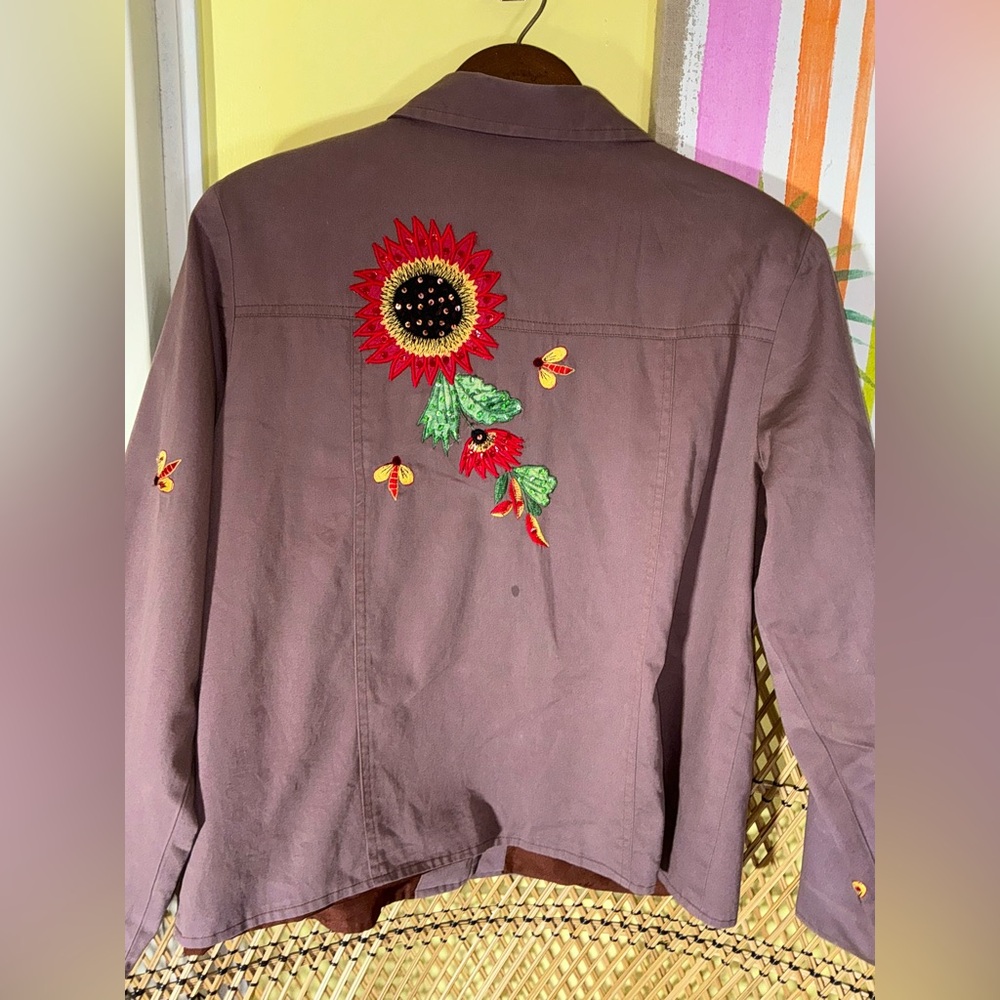 Tapestry Patch Sequin Embroidered Sunflower Jacket Bees Art to Wear Size L - Picture 10 of 10
